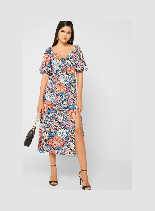 QUIZ - Puff Sleeve Printed Slit Dress Multicolour - Image 1