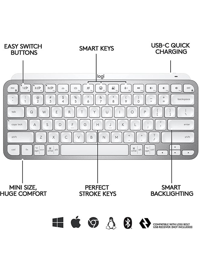 Logitech - MX Keys Mini Minimalist Wireless Illuminated Keyboard, Compact, Bluetooth, Backlit, USB-C, Compatible With Apple macOS, iOS, Windows, Linux, Android, Metal Build, US Layout Grey - Image 1