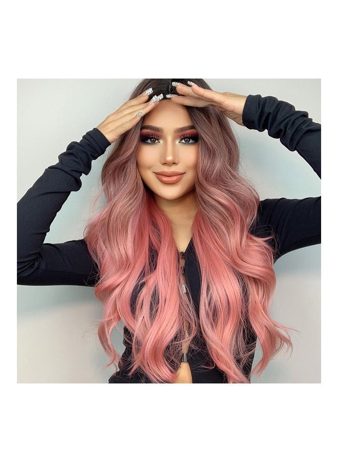 Mid-Part Gradient Big Wave Synthetic Wig Pink 60cm - Image 3