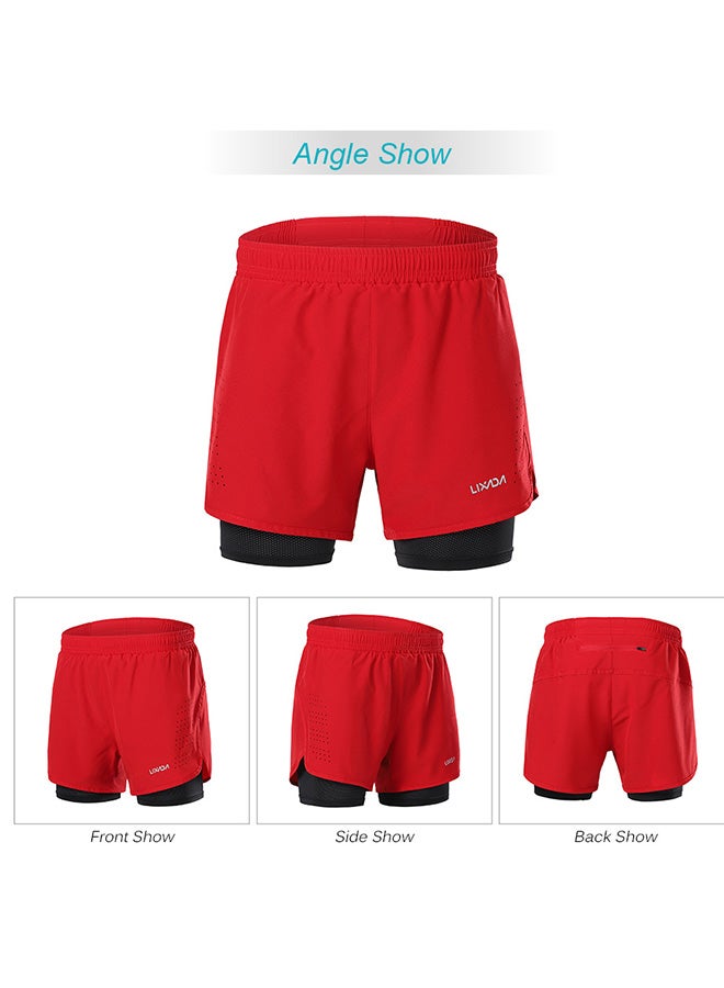 Lixada Men's 2-in-1 Running Shorts Quick Drying Breathable Active Training Exercise Jogging Cycling Shorts with Longer Liner Red & Black  - Image 1