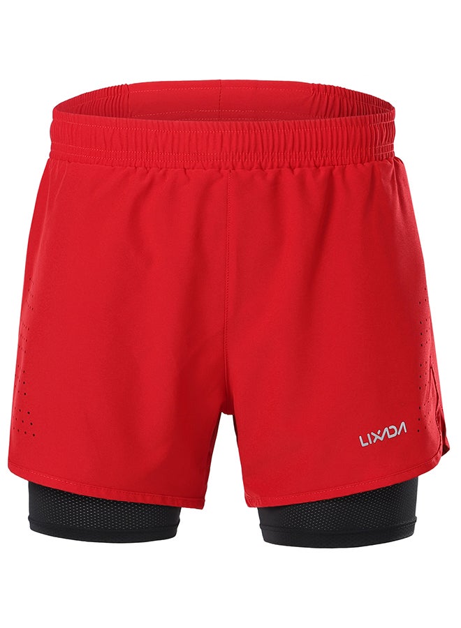 Lixada Men's 2-in-1 Running Shorts Quick Drying Breathable Active Training Exercise Jogging Cycling Shorts with Longer Liner Red & Black  - Image 3