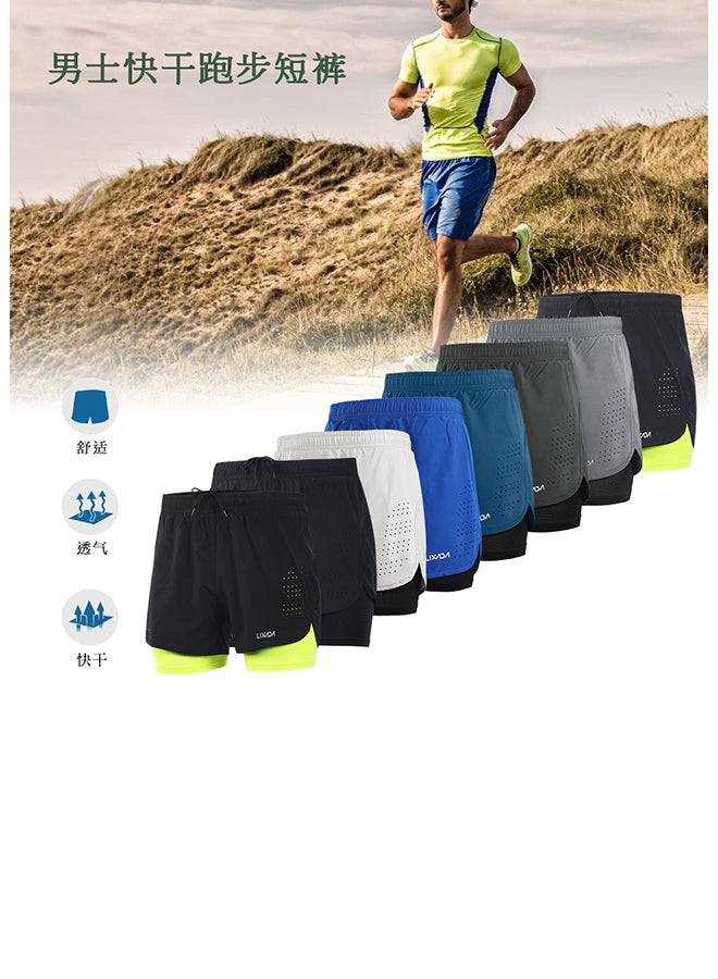 Lixada Men's 2-in-1 Running Shorts Quick Drying Breathable Active Training Exercise Jogging Cycling Shorts with Longer Liner Dark blue  - Image 2