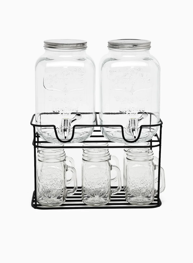 Noon East Glass Beverage Dispenser Set - 4L + 4L Beverage Dispenser + 6 Mason Jars - Beverage Glasses With Lid And Straw For Juices Glass By Noon East - Beverage Dispenser, Mason Jars - Serves 6 - Clear