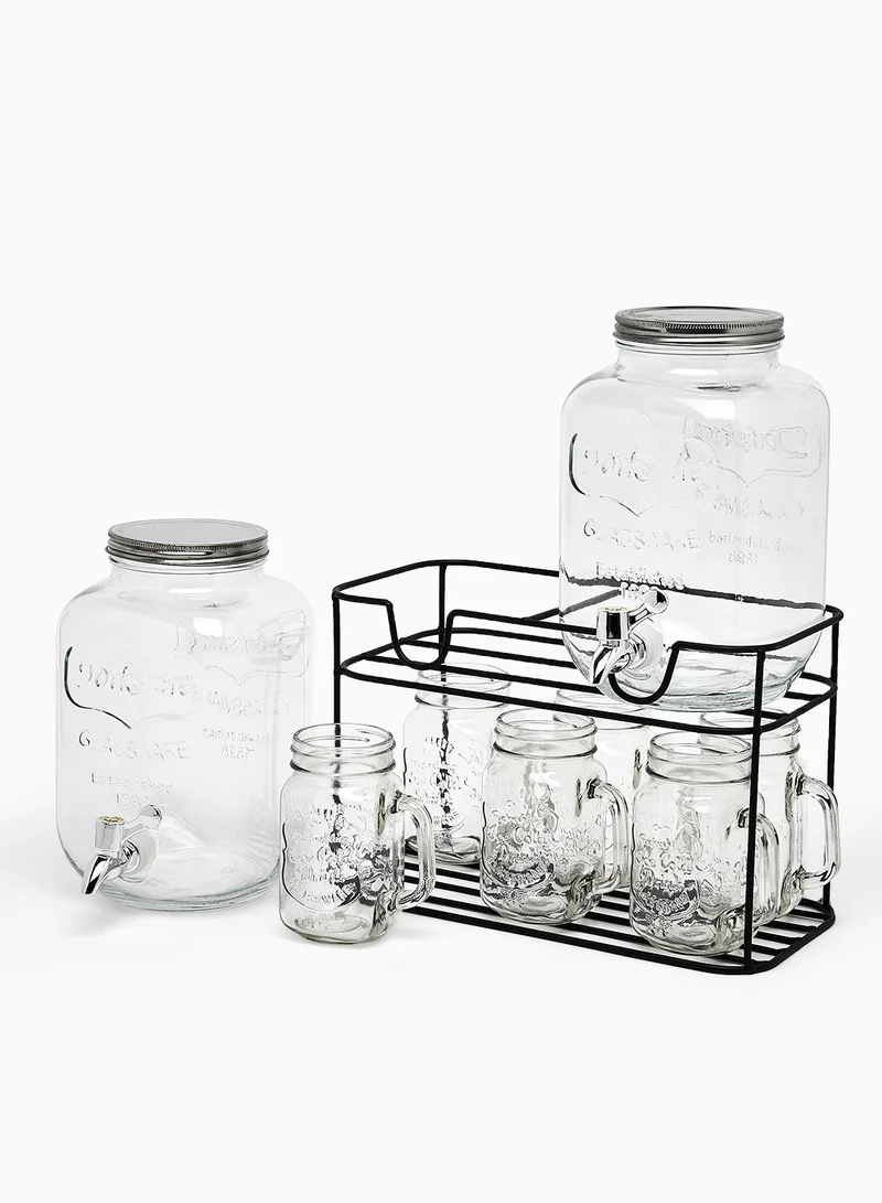 Noon East Glass Beverage Dispenser Set - 4L + 4L Beverage Dispenser + 6 Mason Jars - Beverage Glasses With Lid And Straw For Juices Glass By Noon East - Beverage Dispenser, Mason Jars - Serves 6 - Clear