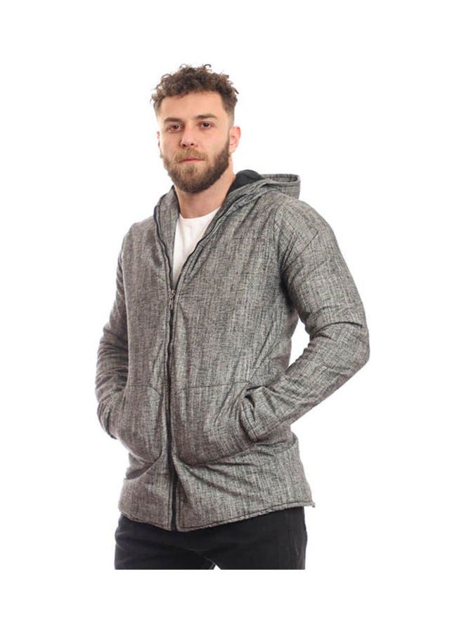 Andora - Long Linen Jacket With Hooded Collar Grey - Image 1
