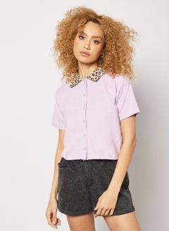 Contrast Collar Knitted Shirt Purple