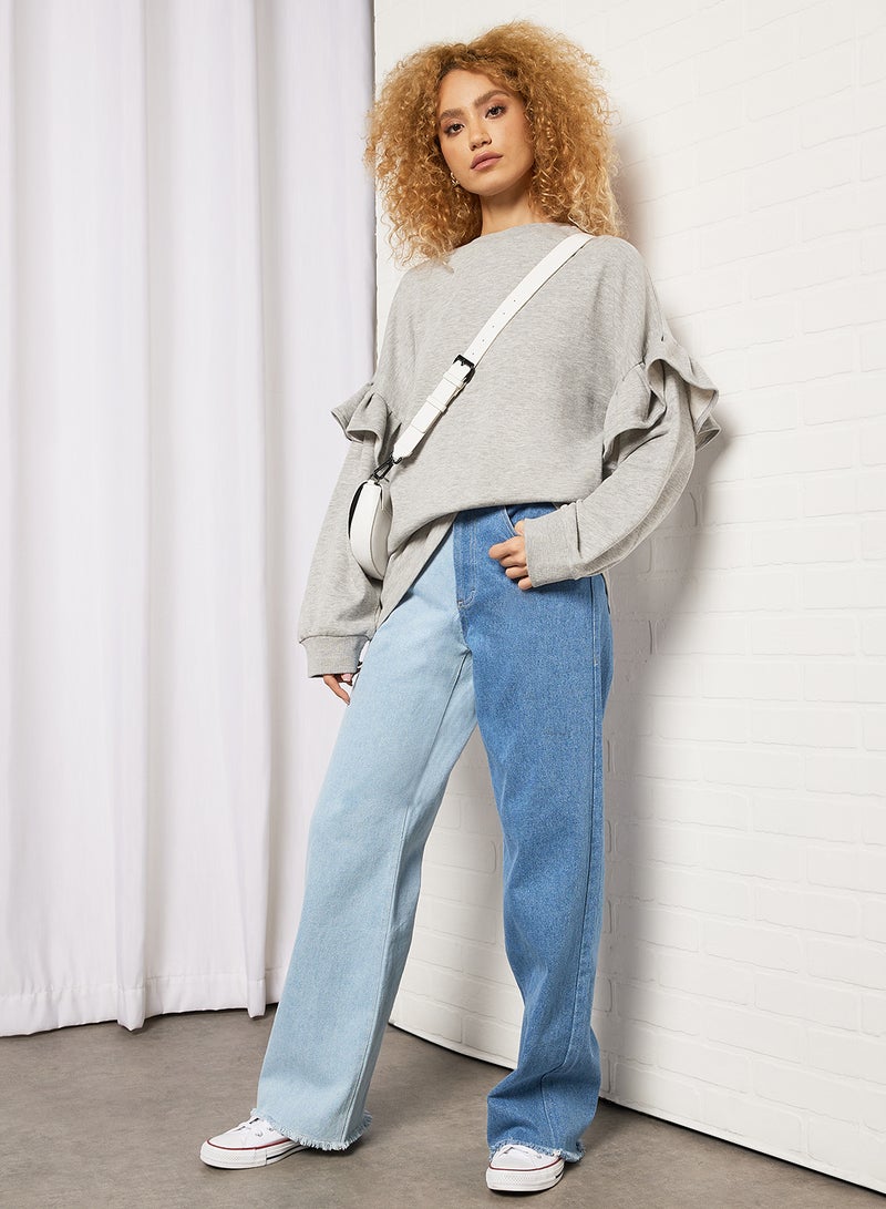 Sivvi x GenM - Ruffle Sleeve Longline Sweatshirt Grey - Image 1