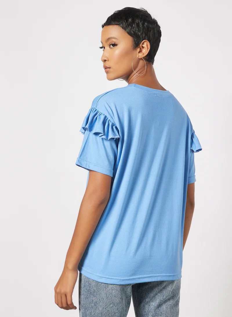 Sivvi x GenM Ruffled Sleeve Oversized T-Shirt Blue