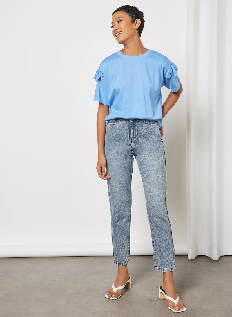 Sivvi x GenM Ruffled Sleeve Oversized T-Shirt Blue