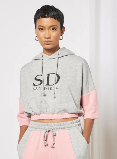 Sivvi x GenM Cropped Colorblock Slogan Hoodie Grey/Pink