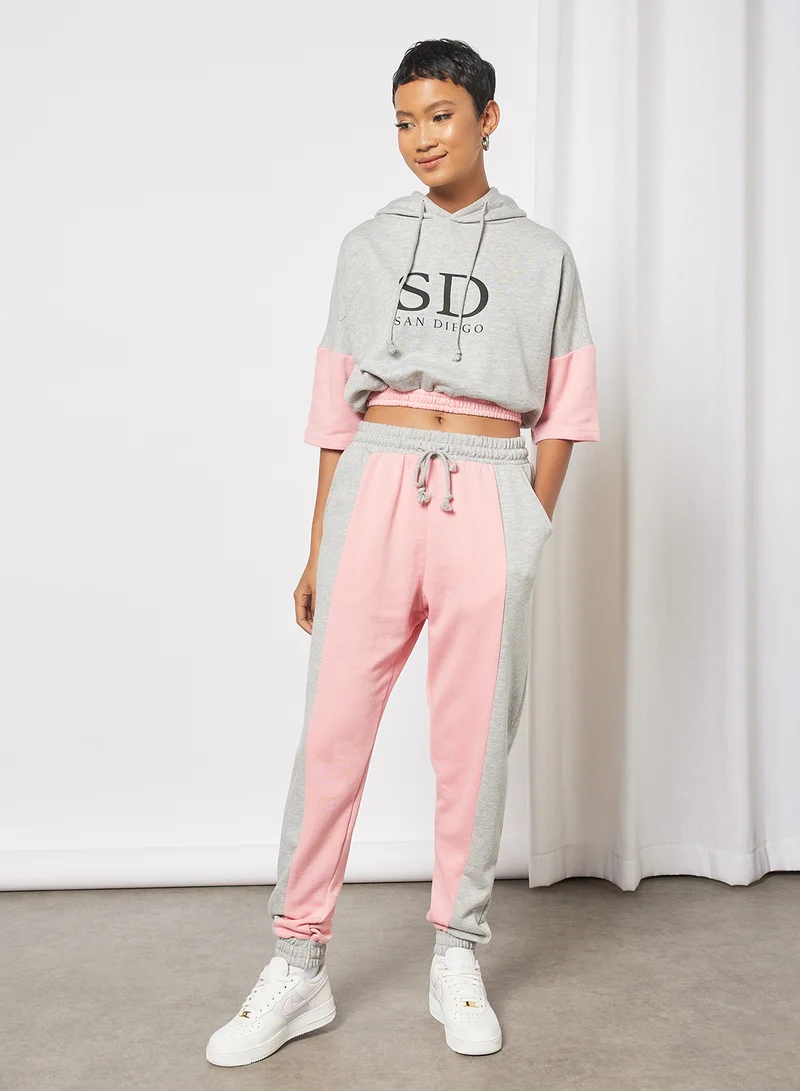 Sivvi x GenM Cropped Colorblock Slogan Hoodie Grey/Pink