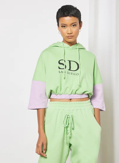 Sivvi x GenM Cropped Colorblock Slogan Hoodie Green/Purple