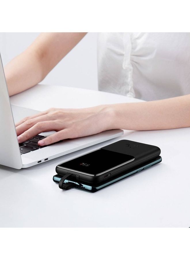 10000 mAh Fast Charge Power Bank With Built-in Type C & Lightning Cable Black