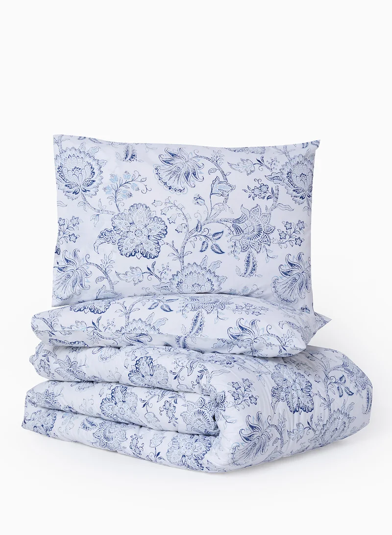 Noon East Comforter Set With Pillow Cover - For Queen Size Mattress - 100% Cotton Orion Percale - Sleep Well Lightweight And Warm Bed Linen - White/Navy Blue 160X220+Pillow Cover 50X75cm