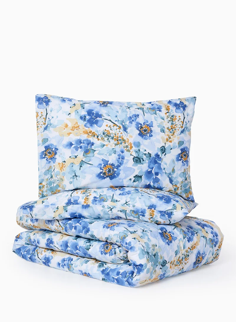 Noon East Comforter Set With Pillow Cover 50X75 Cm, Comforter 160X220 Cm - For Double Size Mattress - 100% Cotton Stella Percale - Sleep Well Lightweight And Warm Bed Linen White/Aqua Blue