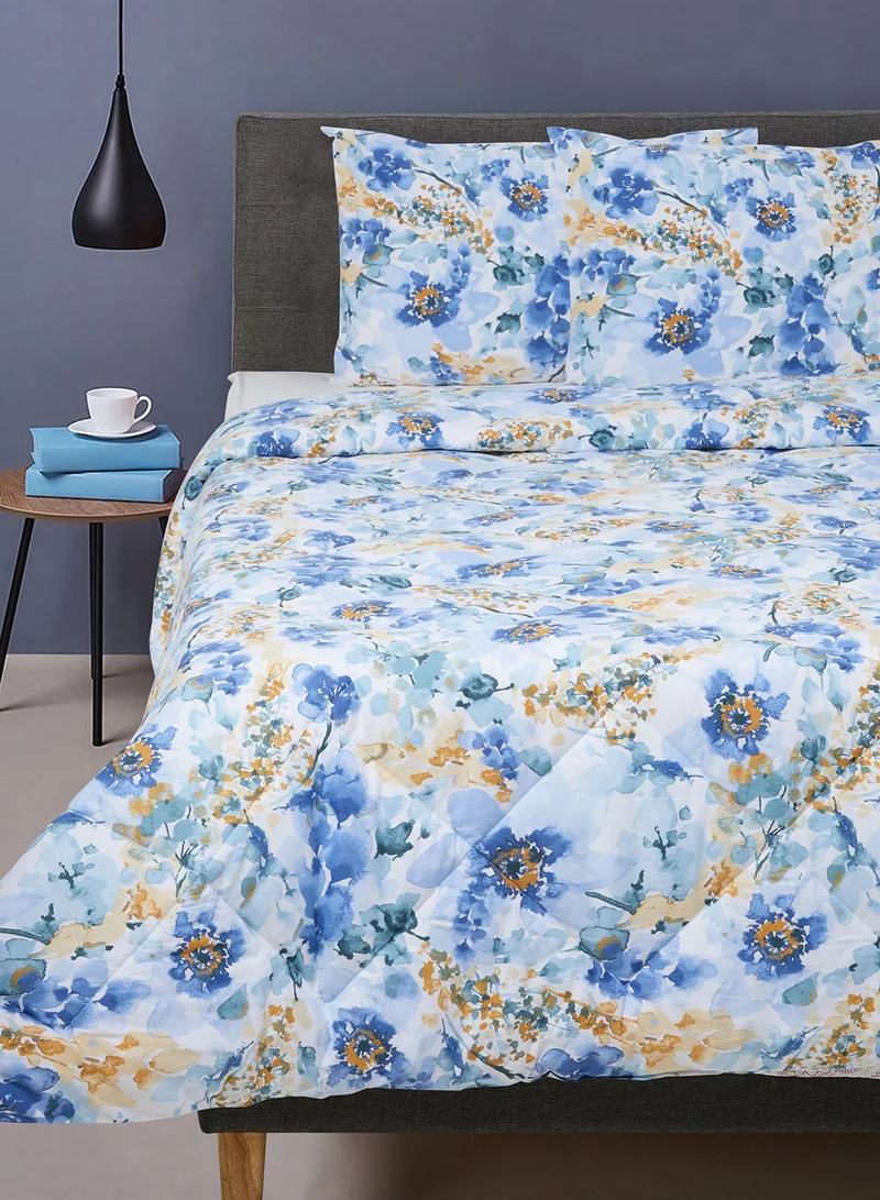 Noon East Comforter Set With Pillow Cover 50X75 Cm, Comforter 160X220 Cm - For Double Size Mattress - 100% Cotton Stella Percale - Sleep Well Lightweight And Warm Bed Linen White/Aqua Blue