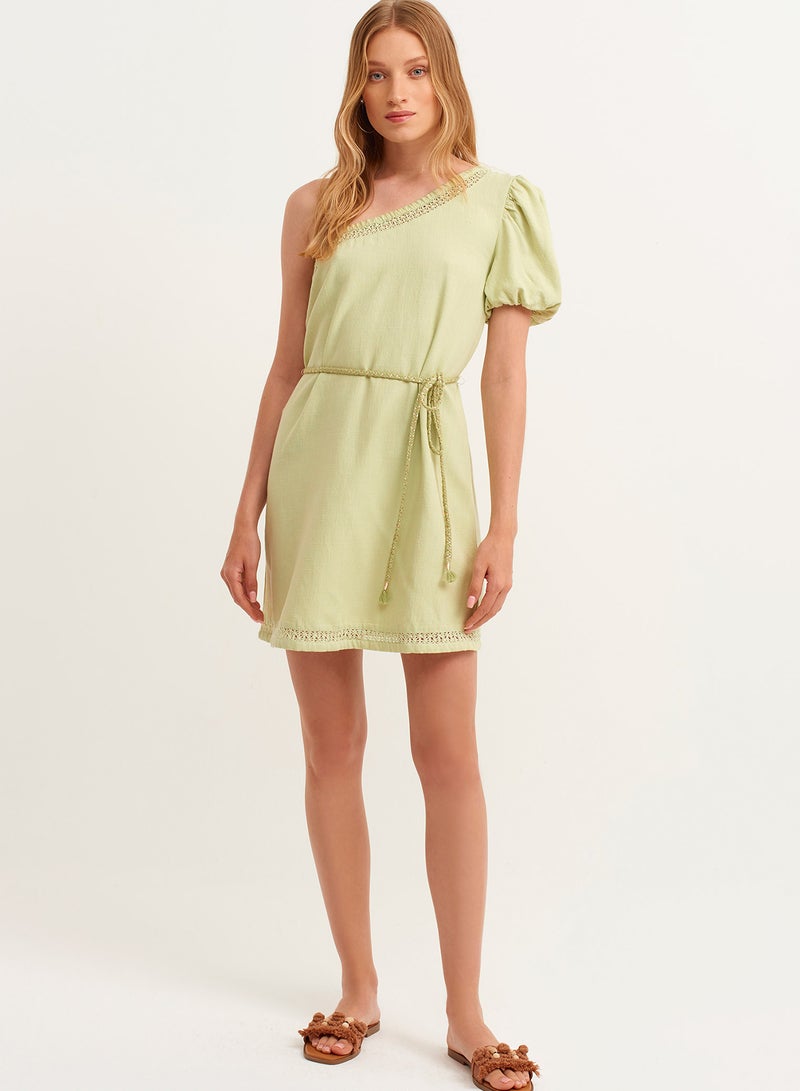 OXXO Linen Dress With Free Shoulder Green  - Image 1