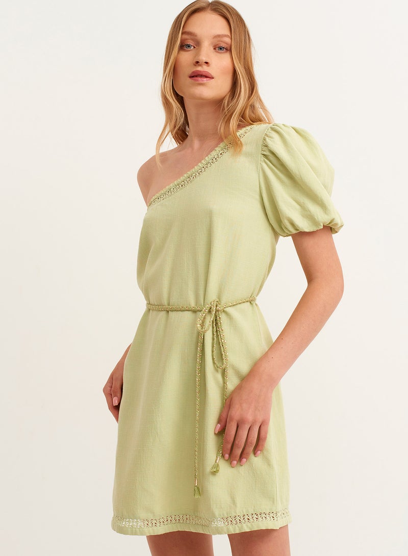 OXXO Linen Dress With Free Shoulder Green  - Image 2