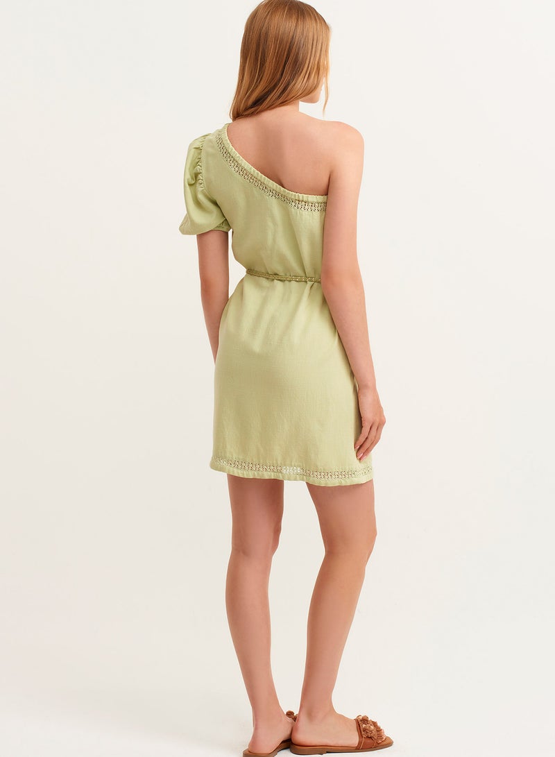OXXO Linen Dress With Free Shoulder Green  - Image 3