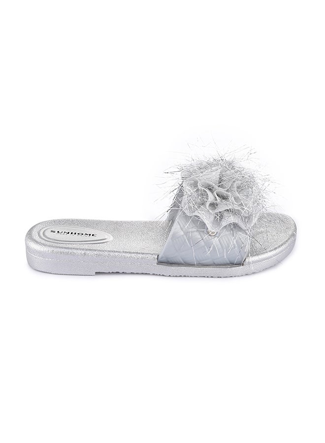 Flower Embellished Flat Sandals Silver - v1647324590/N52866800V_6