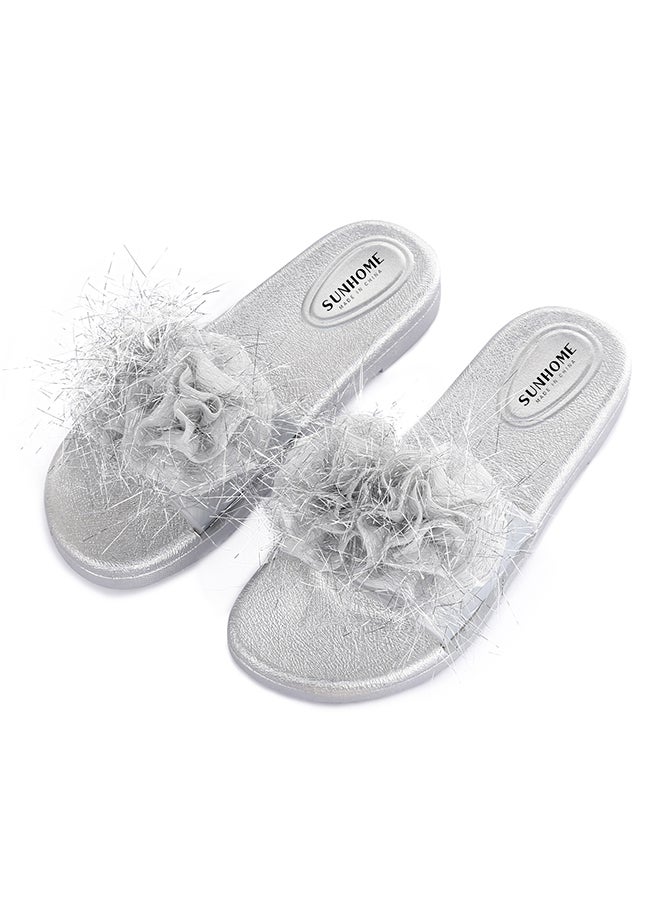 Flower Embellished Flat Sandals Silver - v1647324591/N52866800V_2