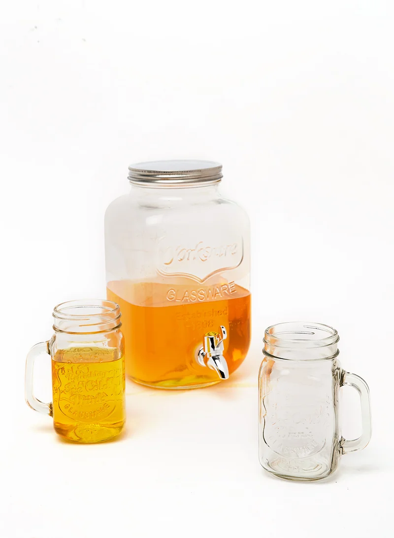Noon East Glass Beverage Dispenser Set - 4L + 4L Beverage Dispenser + 6 Mason Jars - Beverage Glasses With Lid And Straw For Juices Glass By Noon East - Beverage Dispenser, Mason Jars - Serves 6 - Clear