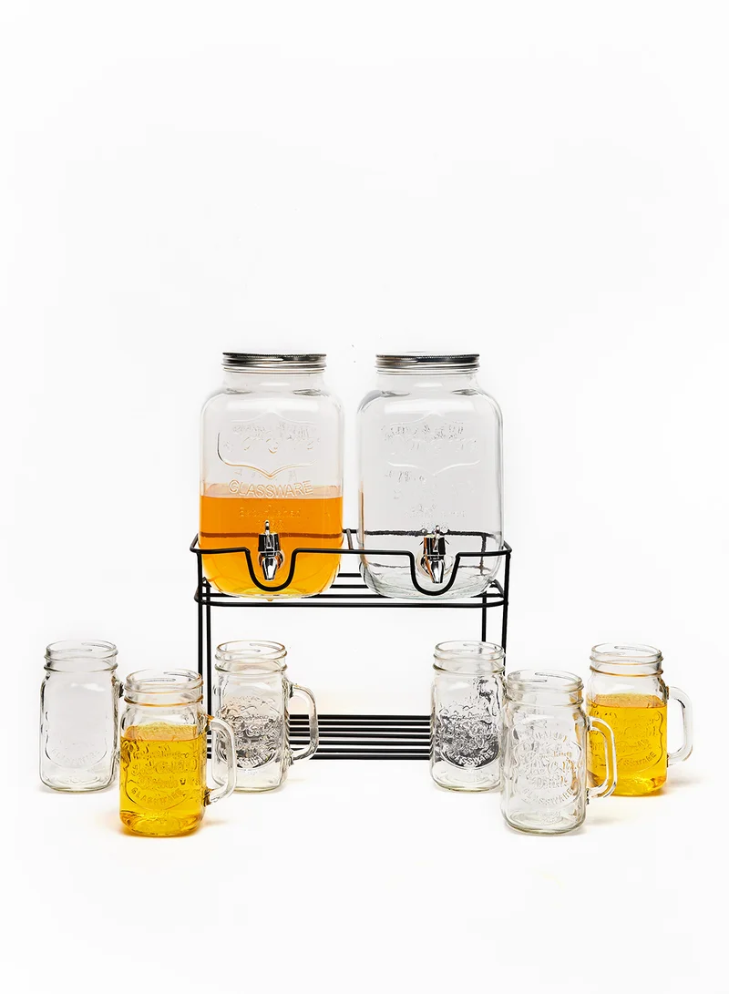 Noon East Glass Beverage Dispenser Set - 4L + 4L Beverage Dispenser + 6 Mason Jars - Beverage Glasses With Lid And Straw For Juices Glass By Noon East - Beverage Dispenser, Mason Jars - Serves 6 - Clear