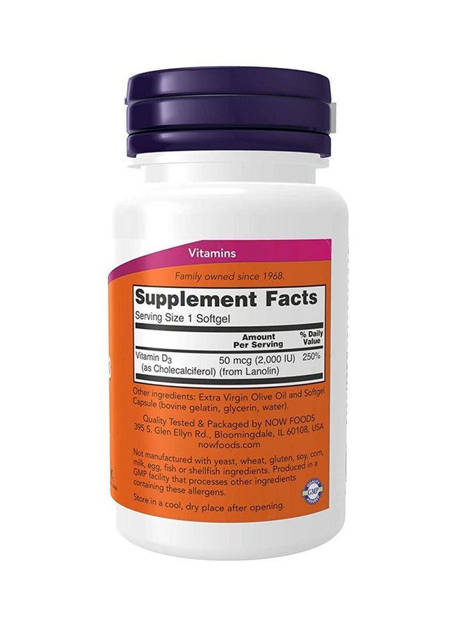 Now Foods High Protency Vitamin D-3 2000 IU Dietary Supplement - 120 Softgels  - Image 3