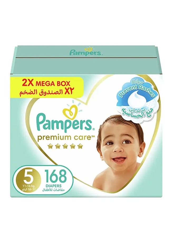 Pampers Premium Care Baby Diapers, Size 5, 11 - 16 Kg 168 Count - 2 x Mega Box, Helps Prevent Rashes  - Image 1