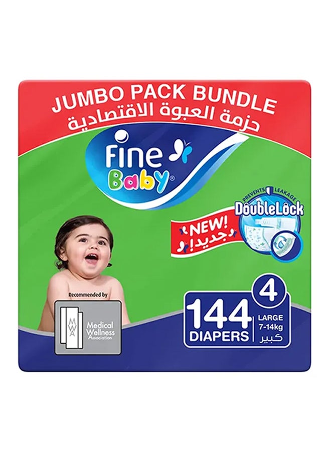 Fine Baby Baby Diapers, Size 4, 7 - 14 Kg, 144 Count (48 x 3) - Large, Jumbo Pack, Double Lock Technology Prevents Leakage