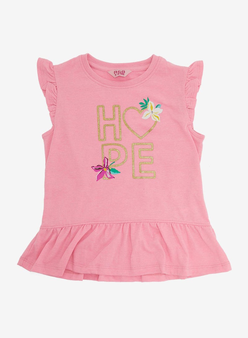 R&B - Girls Round Neck T-Shirt And Knitted Bottom Set Salmon Pink - Image 1