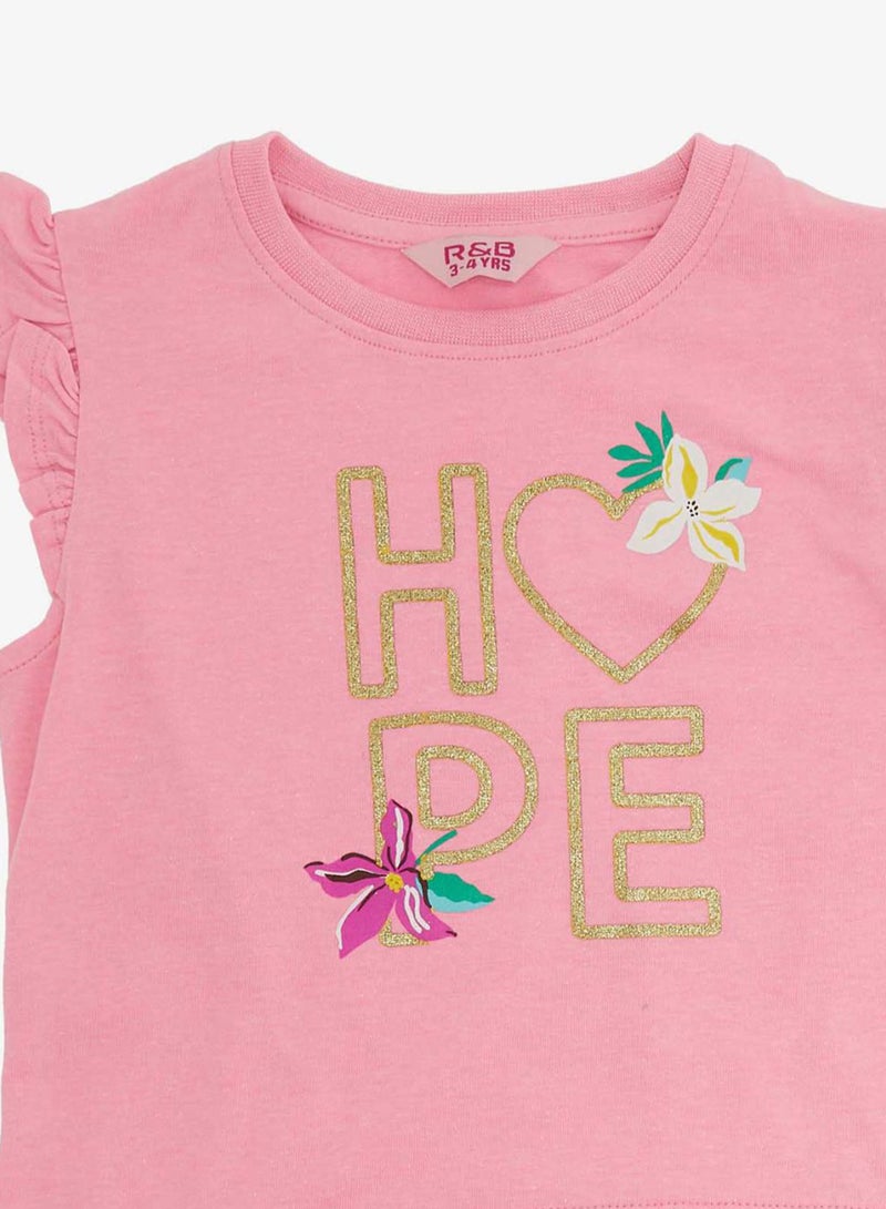 R&B - Girls Round Neck T-Shirt And Knitted Bottom Set Salmon Pink - Image 1