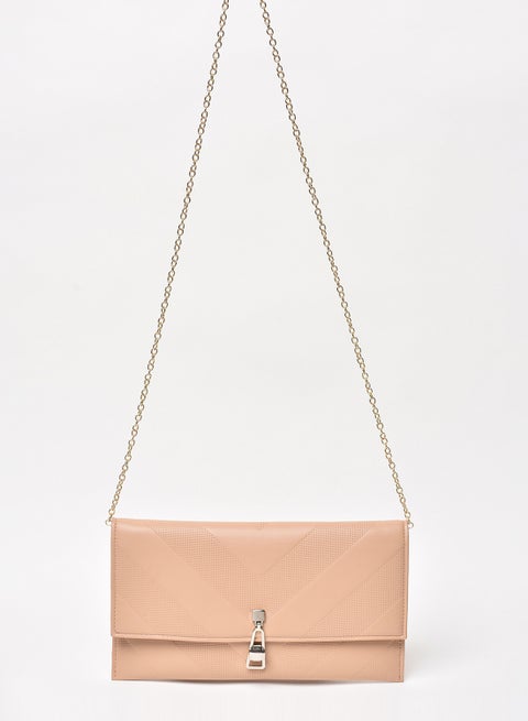 Textured Pattern Chain Strap Crossbody Bag Light Brown