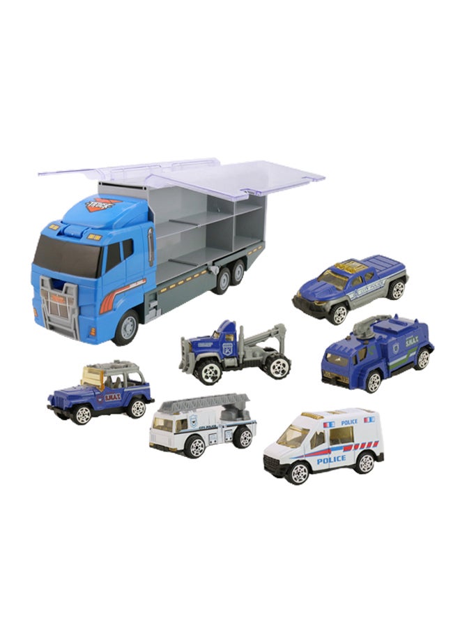 mumbo Jumbo 6-Piece Police Rescue Die Cast Cars Storage Truck With Slide, Six Mini Police Vehicle Storage Container And Transportation Truck For Boy's And Girl's Above 3 Years Old 35.5 x 9.5 x 15.5cm - Image 1