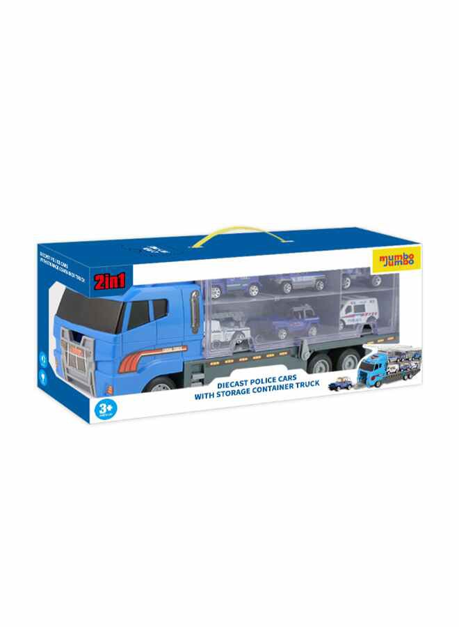 mumbo Jumbo 6-Piece Police Rescue Die Cast Cars Storage Truck With Slide, Six Mini Police Vehicle Storage Container And Transportation Truck For Boy's And Girl's Above 3 Years Old 35.5 x 9.5 x 15.5cm - Image 5