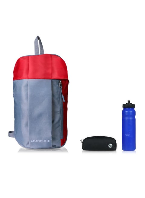Combo of Polyester Backpack with zip closure compatible with Tablet, Polyester Pouch and Plastic Sipper Grey/Red
