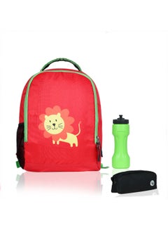 LIONBONE Lion printed Polyester Kids Backpack with zip closure Ideal for 4-6 years age group, Plastic Sipper And Polyester Pouch Red/Black/Green  - Image 1
