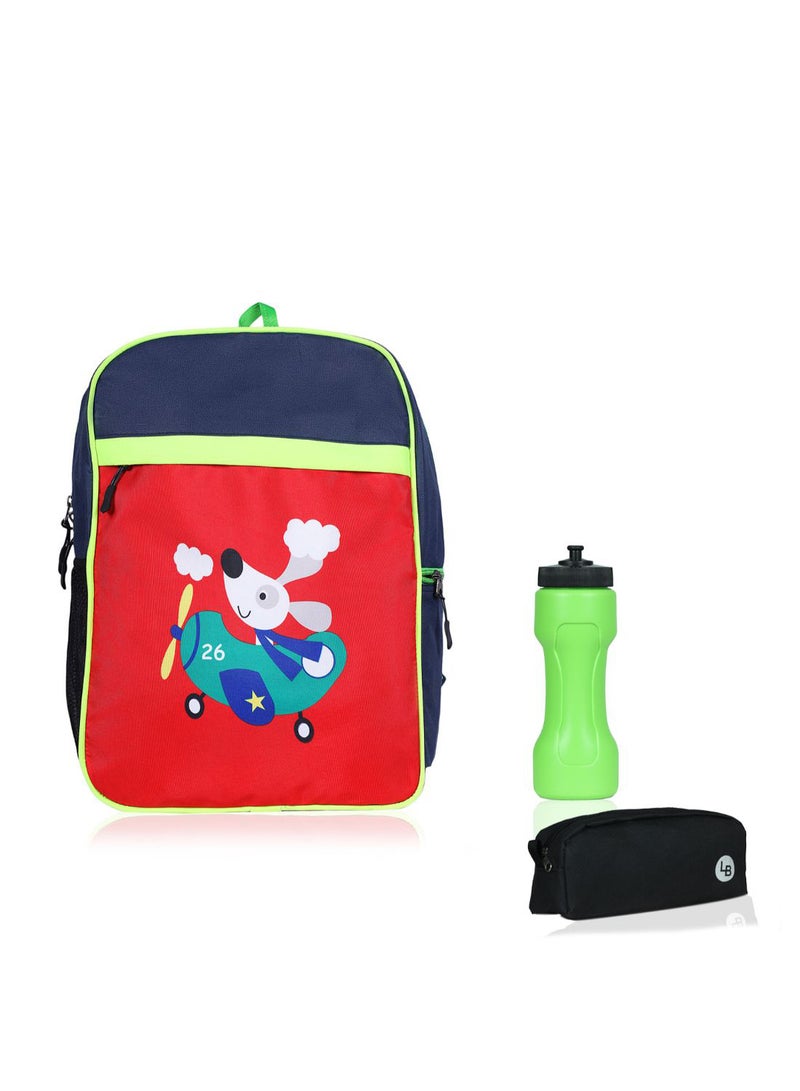 LIONBONE Combo of Animal Printed Polyester Kids Backpack with zip closure Ideal for 4-6 years age group, Plastic Sipper And Polyester Pouch Red-Navy  - Image 1