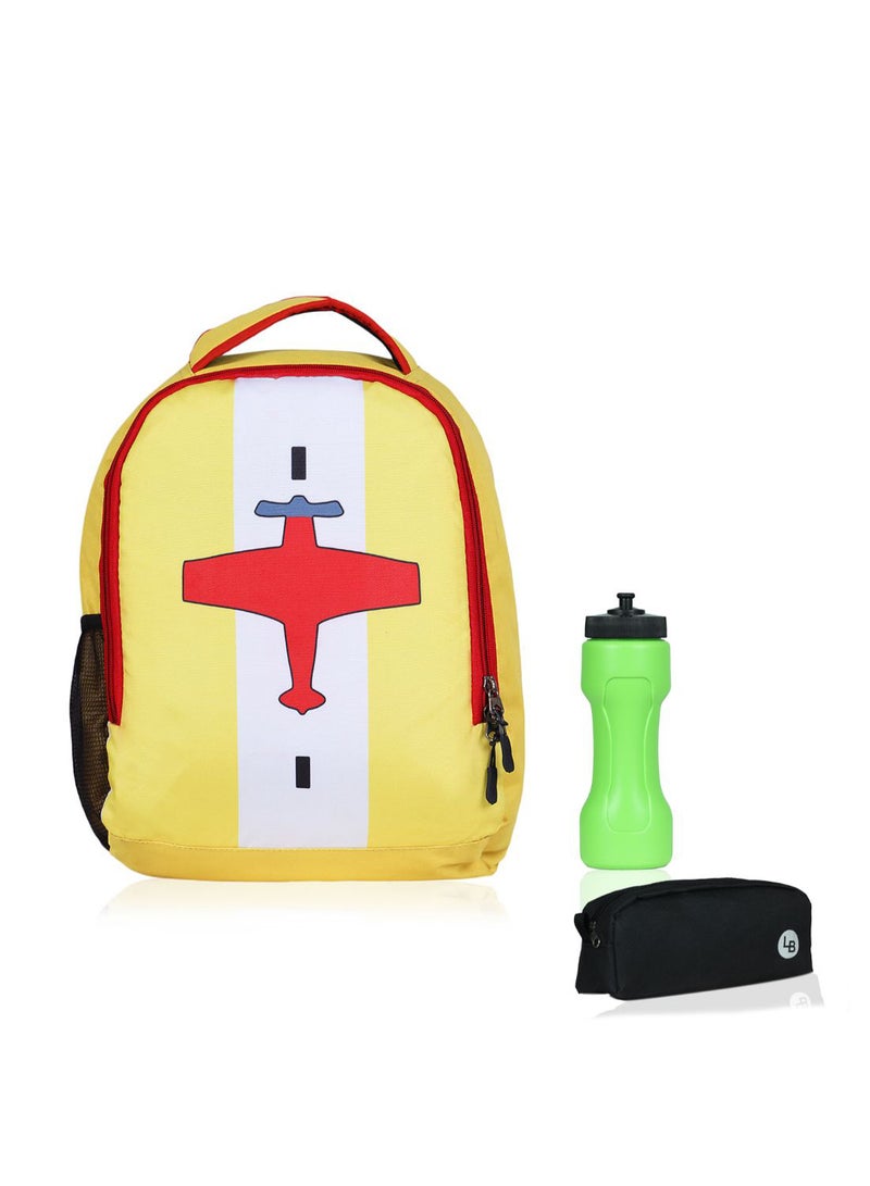 LIONBONE - Aeroplane printed Polyester Kids Backpack with zip closure Ideal for 4-6 years age group, Plastic Sipper And Polyester Pouch Yellow - Image 1