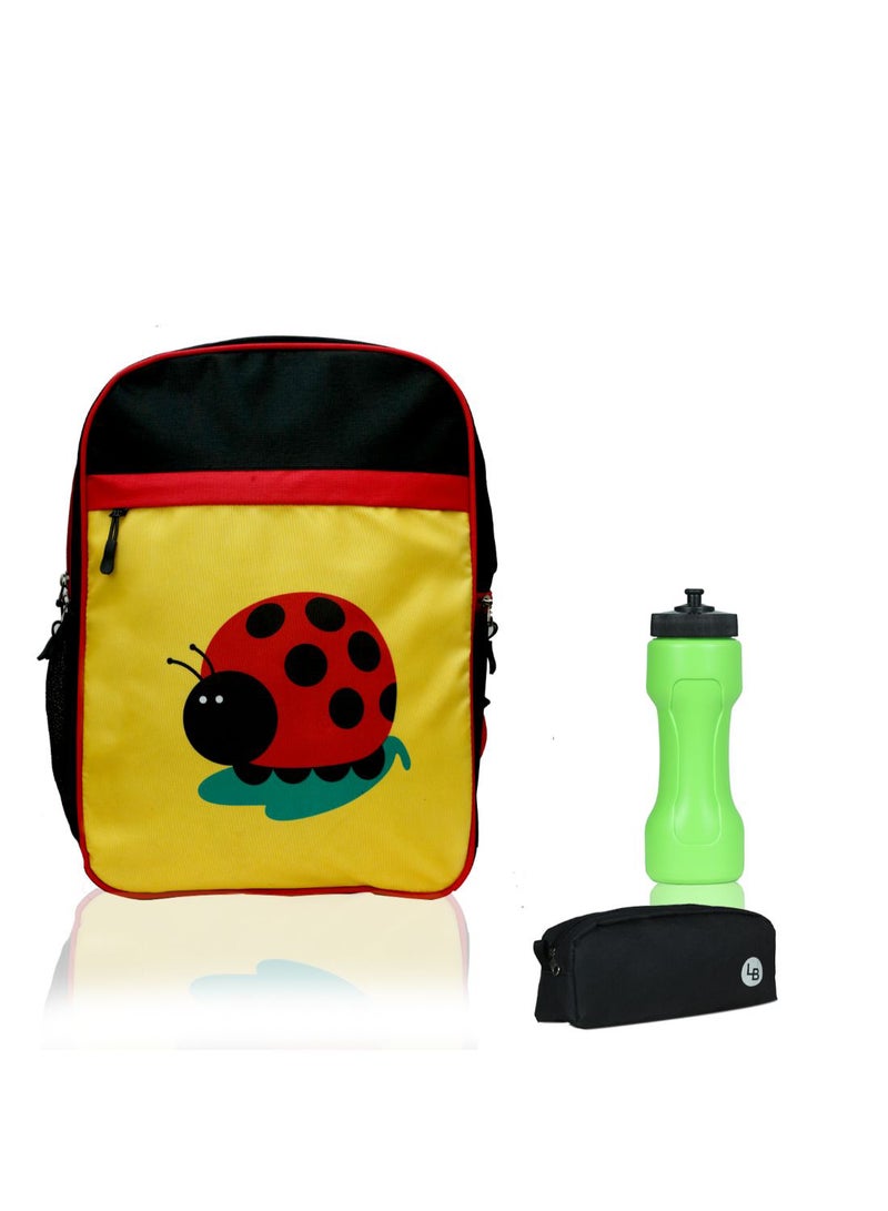 LIONBONE Ladybug Printed Polyester Kids Backpack with zip closure Ideal for 4-6 years age group, Plastic Sipper And Polyester Pouch Yellow-Black  - Image 1