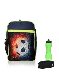 LIONBONE Football Printed Polyester Kids Backpack with zip closure Ideal for 4-6 years age group, Plastic Sipper And Polyester Pouch Navy Blue/Black/Green  - Image 1