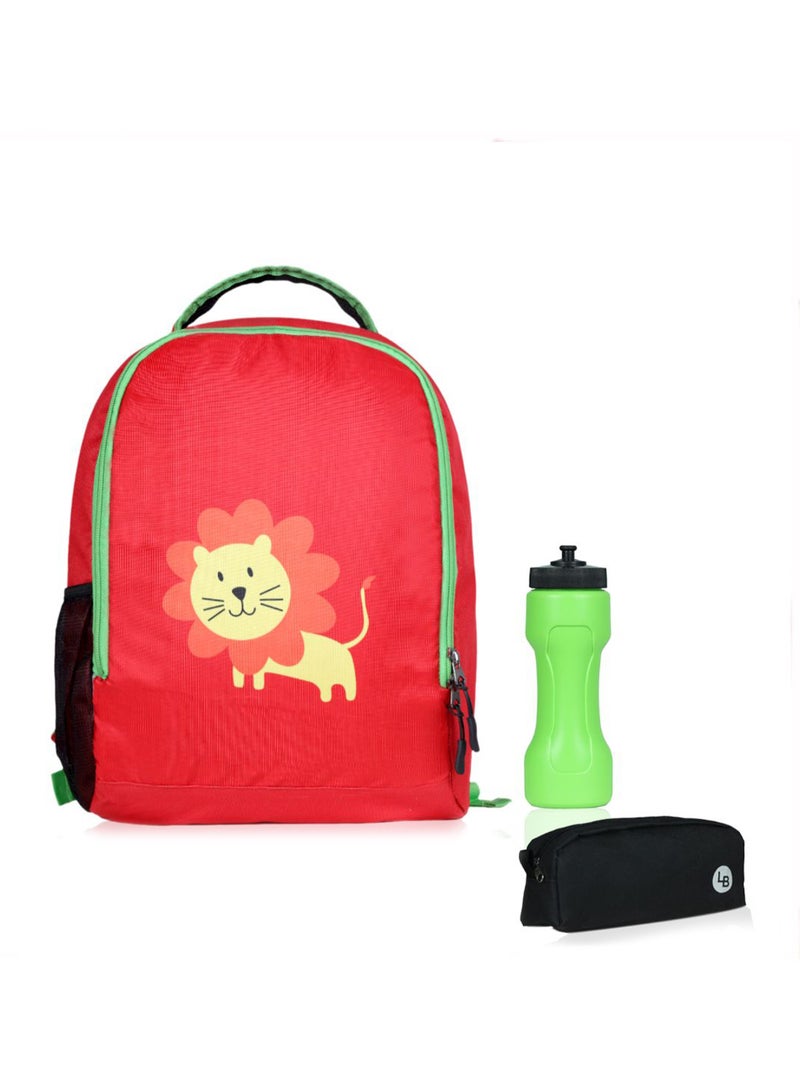 LIONBONE Lion printed Polyester Kids Backpack with zip closure Ideal for 6-8 years age group, Plastic Sipper And Polyester Pouch Red/Black/Green  - Image 1