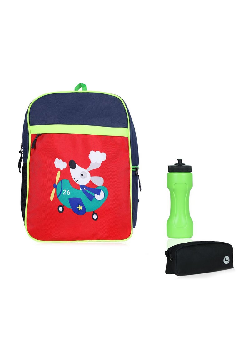 LIONBONE Combo of Animal Printed Polyester Kids Backpack with zip closure Ideal for 6-8 years age group, Plastic Sipper And Polyester Pouch Navy/Red/Green  - Image 1