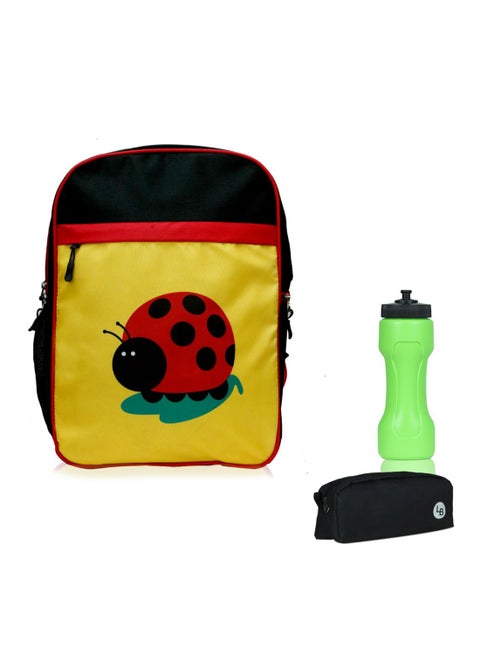 Ladybug Printed Polyester Kids Backpack with zip closure Ideal for 6-8 years age group, Plastic Sipper And Polyester Pouch Yellow/Black/Green