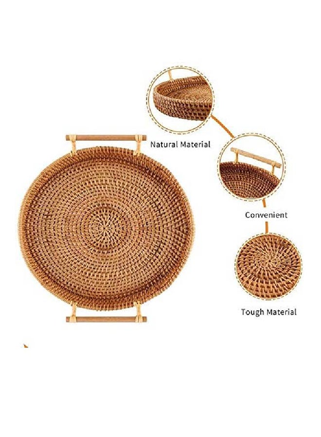 Ayra Handmade Rattan Tray With Handles Bread, Fruit Basket Tea Tray Storage Organizer For Kitchen, Food Picnic Round Container Brown 12x12inch - Image 3