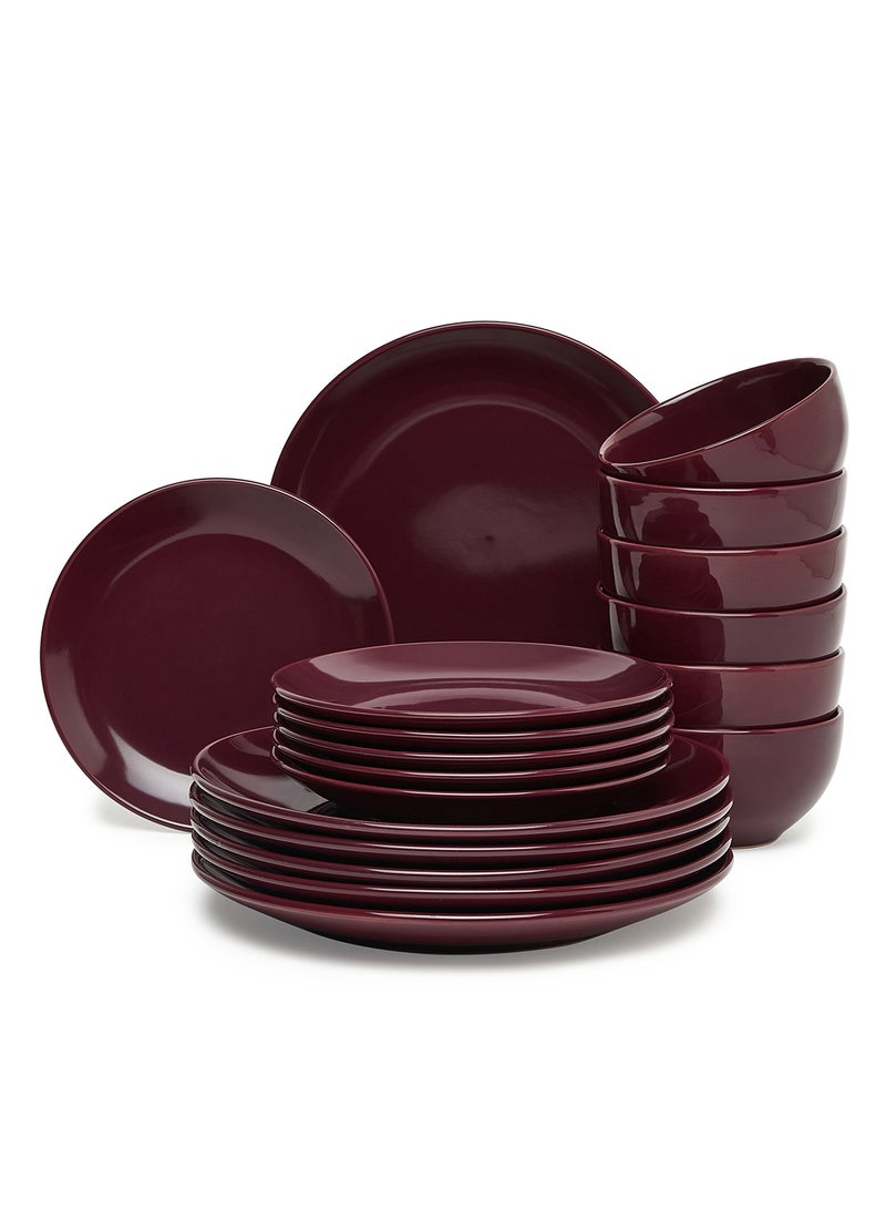 Noon East 18 Piece Stoneware Dinner Set - Dishes, Plates - Dinner Plate, Side Plate, Bowl - Serves 6 - Wine Wine - Image 1