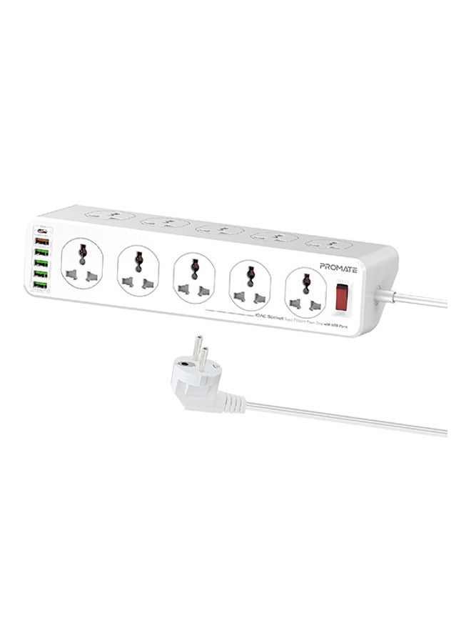 PROMATE - Power Extension, Powerful 2500W Universal 10 AC Sockets Power Strip with 5M Cord, 20W Type-C Power Delivery Port, 4 USB Smart Charge Ports and 18W QC 3.0 Port for Home/Office, Power Matrix-5M White - Image 1