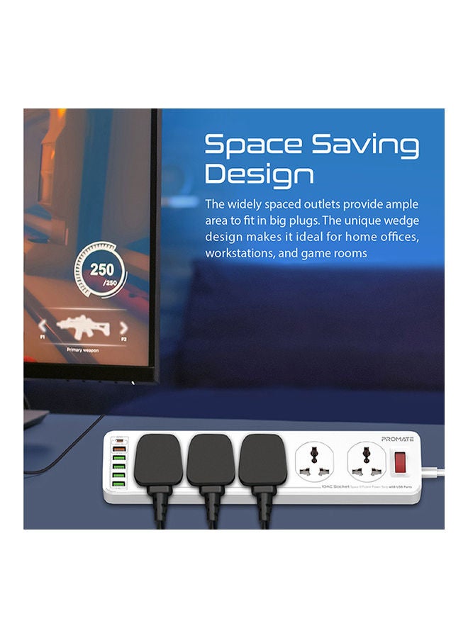 PROMATE - Power Extension, Powerful 2500W Universal 10 AC Sockets Power Strip with 5M Cord, 20W Type-C Power Delivery Port, 4 USB Smart Charge Ports and 18W QC 3.0 Port for Home/Office, Power Matrix-5M White - Image 1