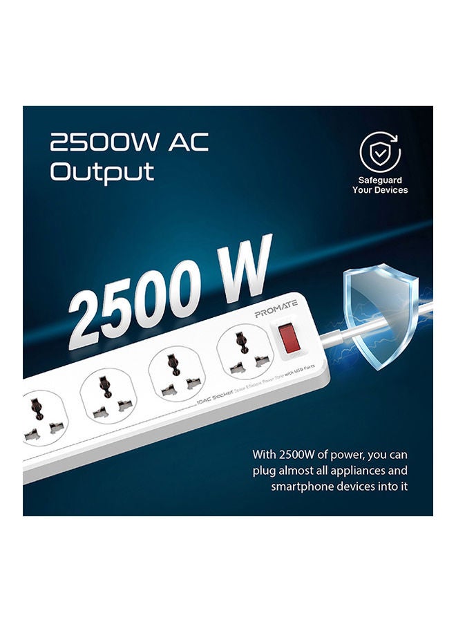 PROMATE - Power Extension, Powerful 2500W Universal 10 AC Sockets Power Strip with 5M Cord, 20W Type-C Power Delivery Port, 4 USB Smart Charge Ports and 18W QC 3.0 Port for Home/Office, Power Matrix-5M White - Image 1