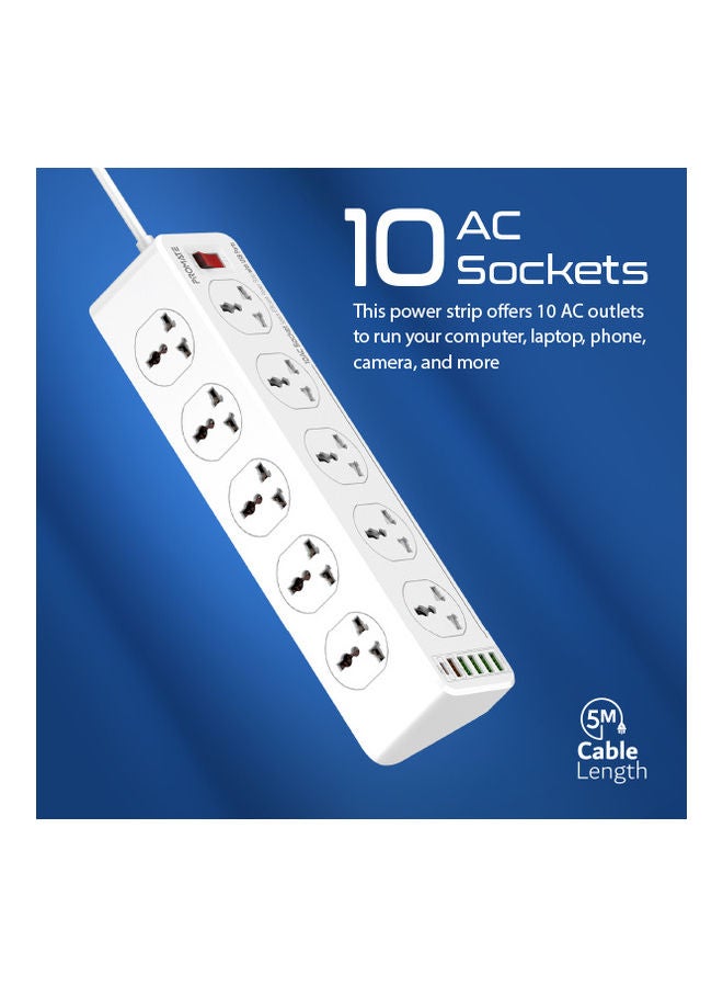 PROMATE - Power Extension, Powerful 2500W Universal 10 AC Sockets Power Strip with 5M Cord, 20W Type-C Power Delivery Port, 4 USB Smart Charge Ports and 18W QC 3.0 Port for Home/Office, Power Matrix-5M White - Image 1